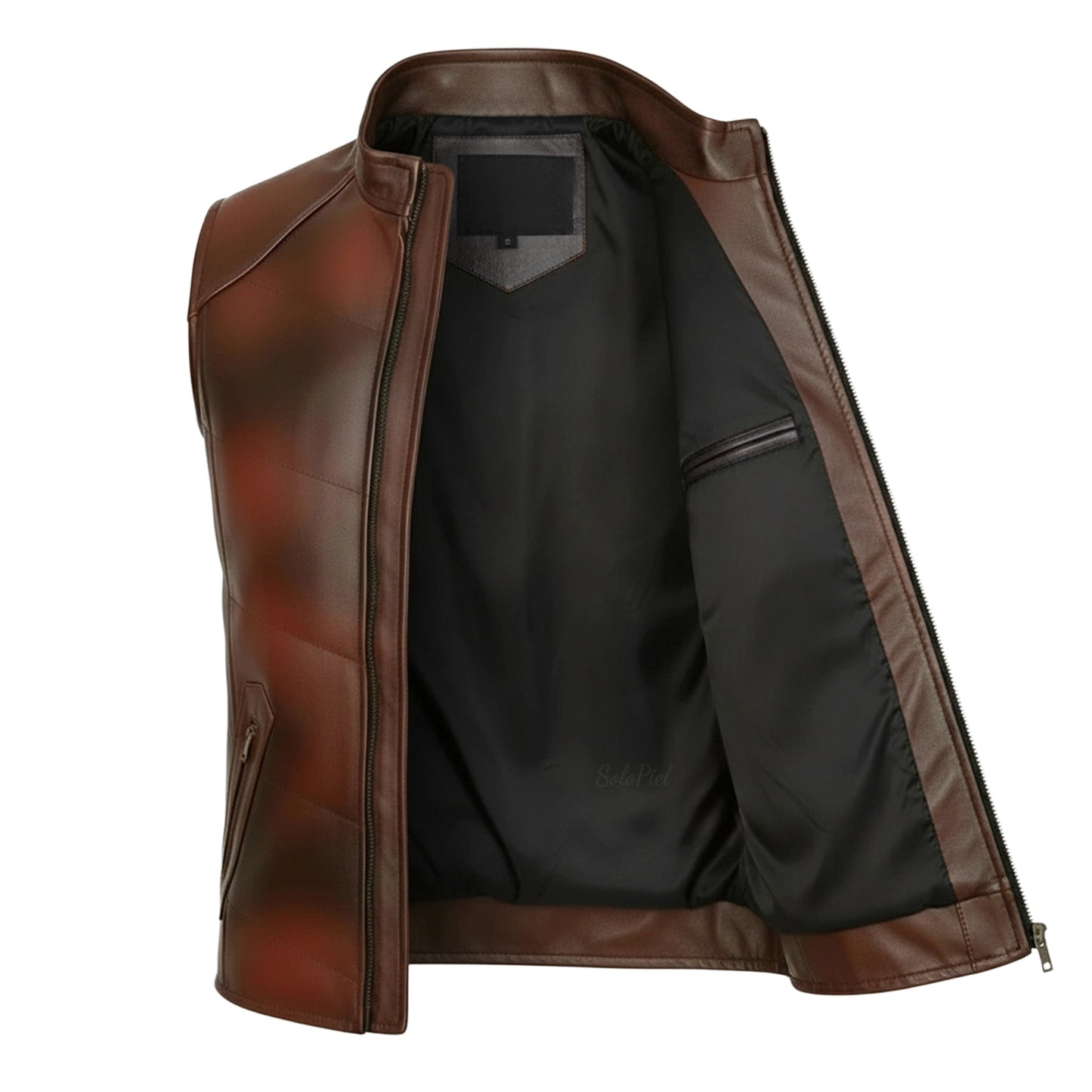 Chaleco de Piel de Borrego Acabado Jaspeado Con Cuello Mao Leonel