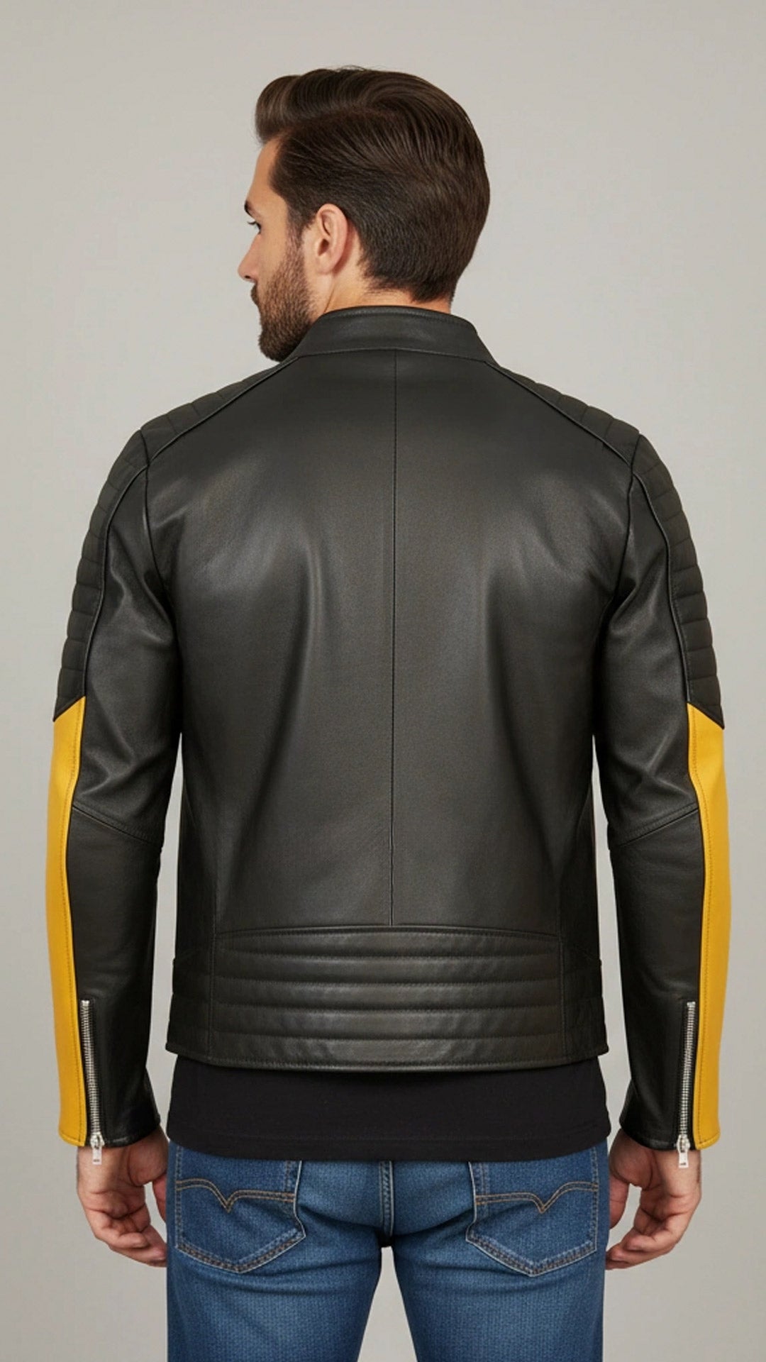 Chamarra de Piel de Borrego Para Caballero Combinada Miel con Negro Amarillo Drako