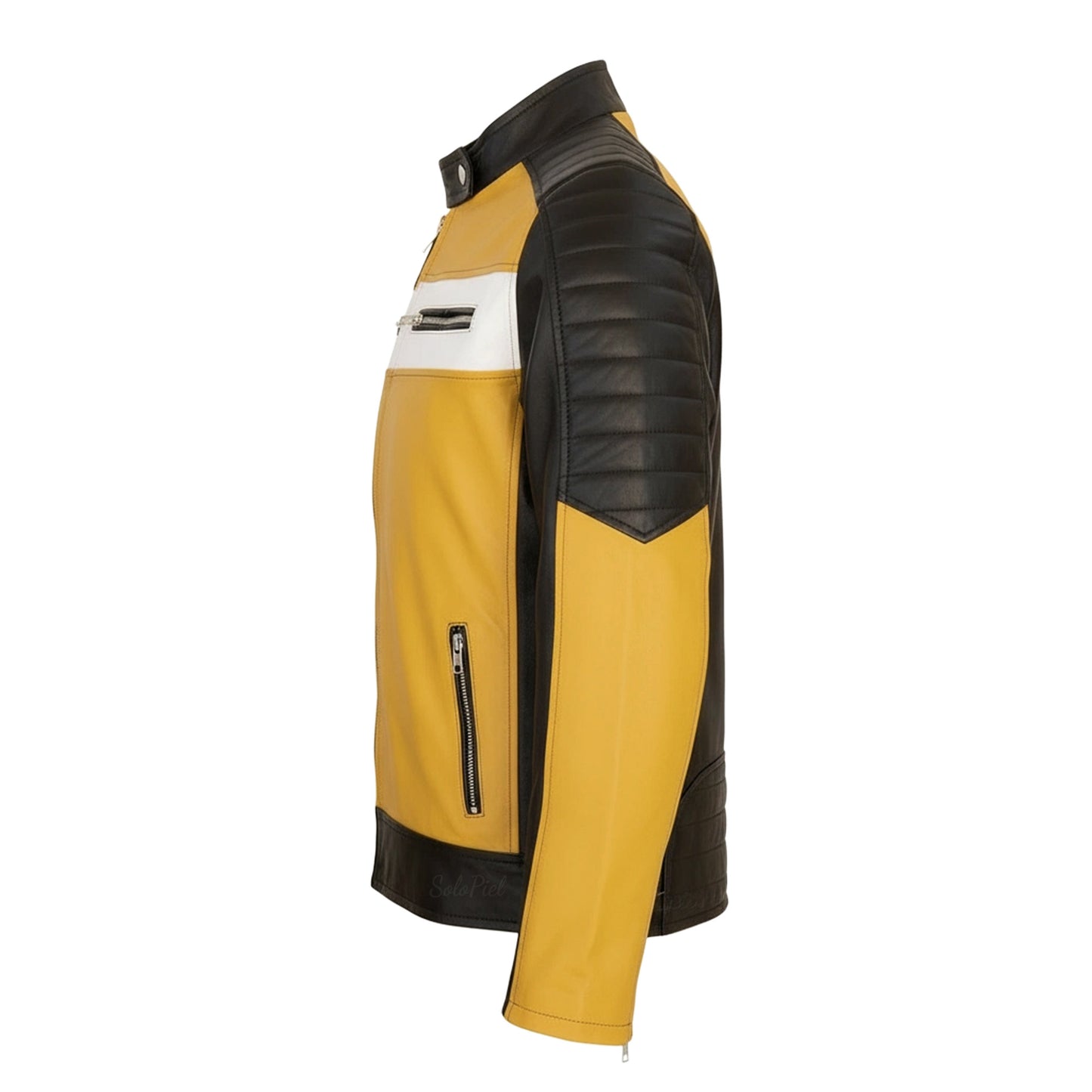 Chamarra de Piel de Borrego Para Caballero Combinada Miel con Negro Amarillo Drako