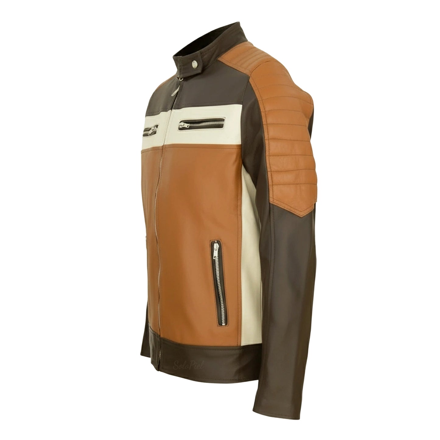 Chamarra de Piel de Borrego Para Caballero Combinada Miel con Negro Amarillo Drako