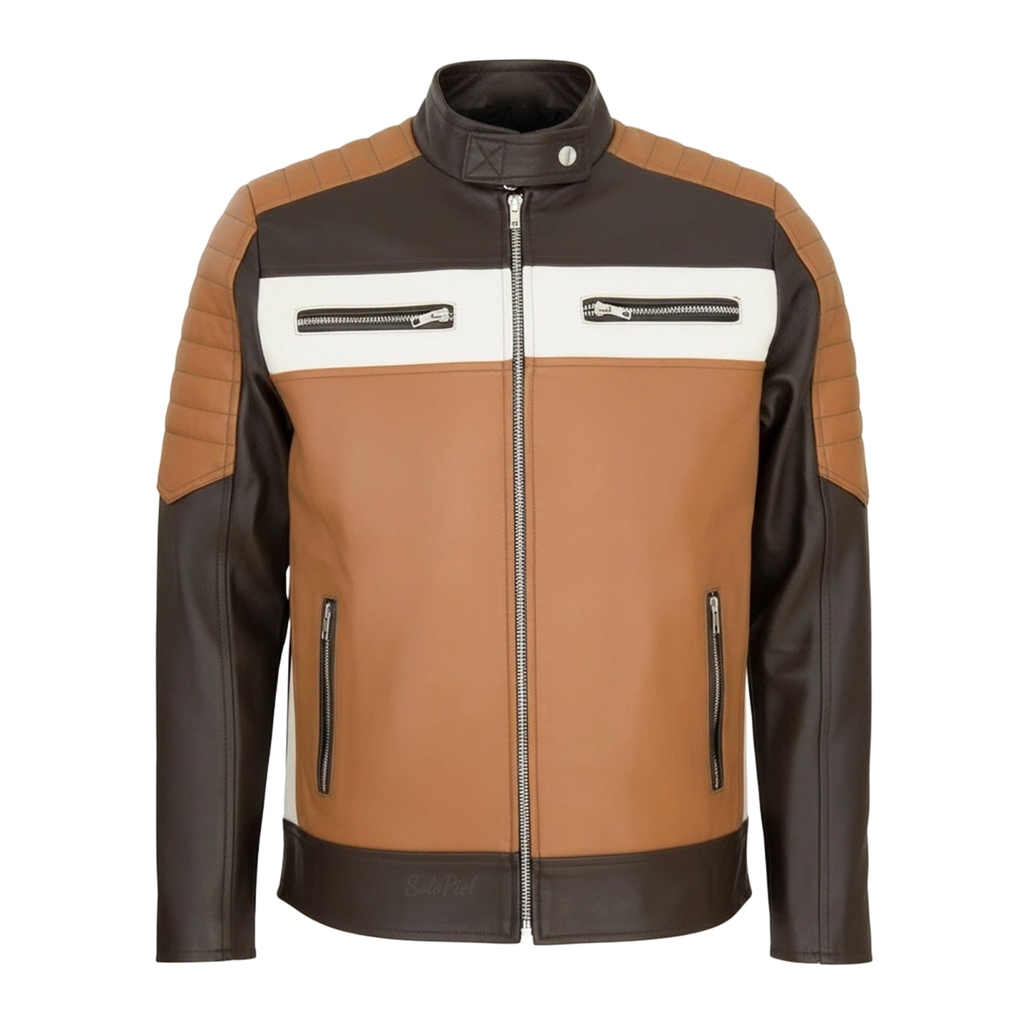 Chamarra de Piel de Borrego Para Caballero Combinada Miel con Negro Amarillo Drako