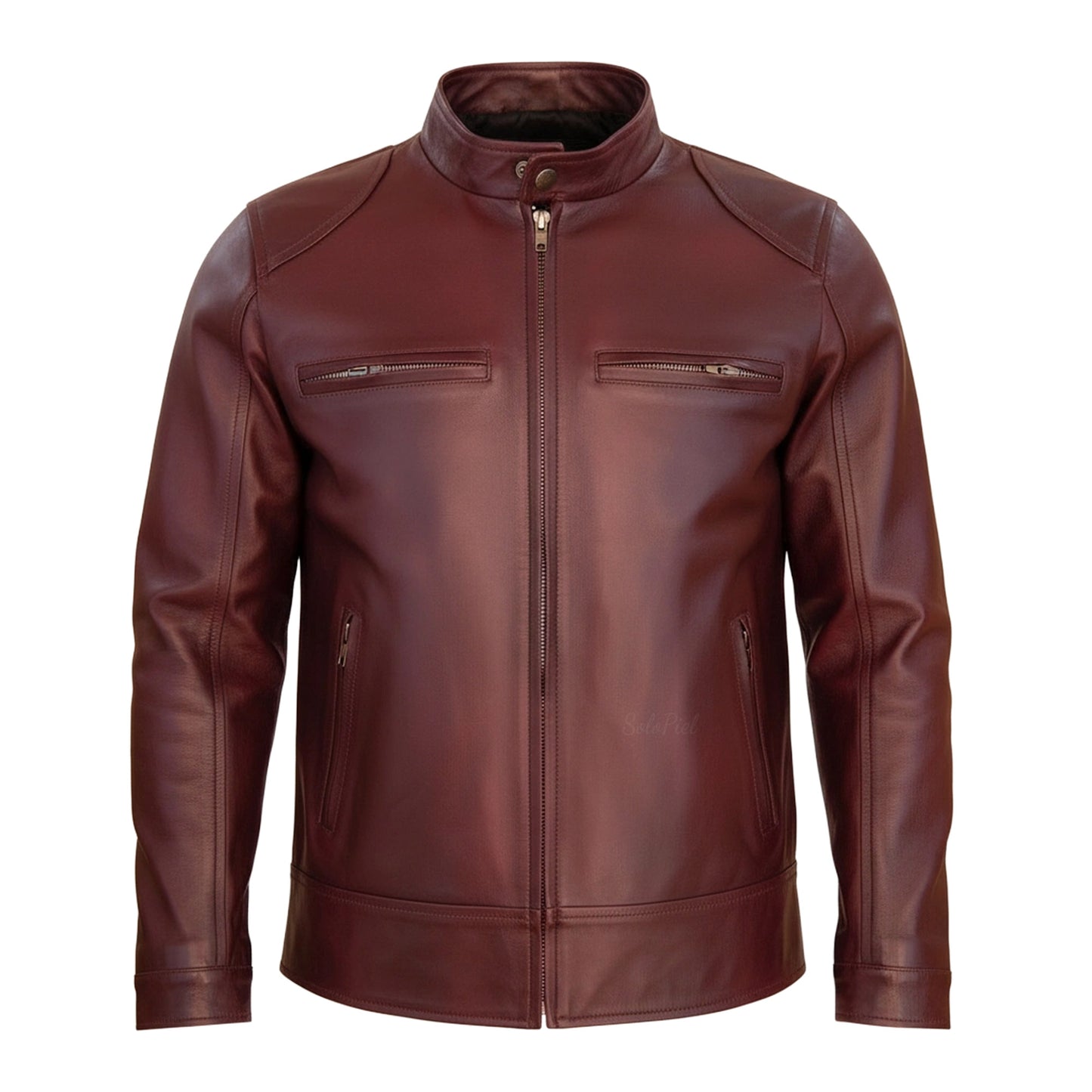 Chamarra de Piel de Borrego para Caballero Cuello Mao Slim Verde Rojo Edgar