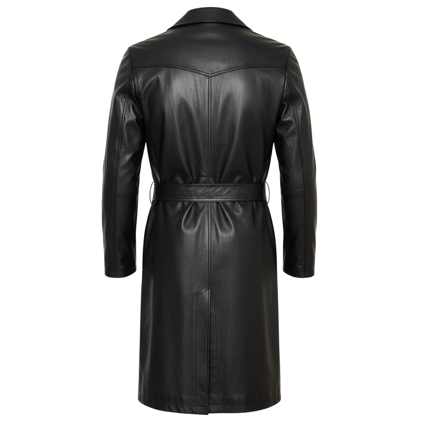 Gabardina de Piel Genuina para Caballero Largo Full con Cinto de Piel en Color Negro