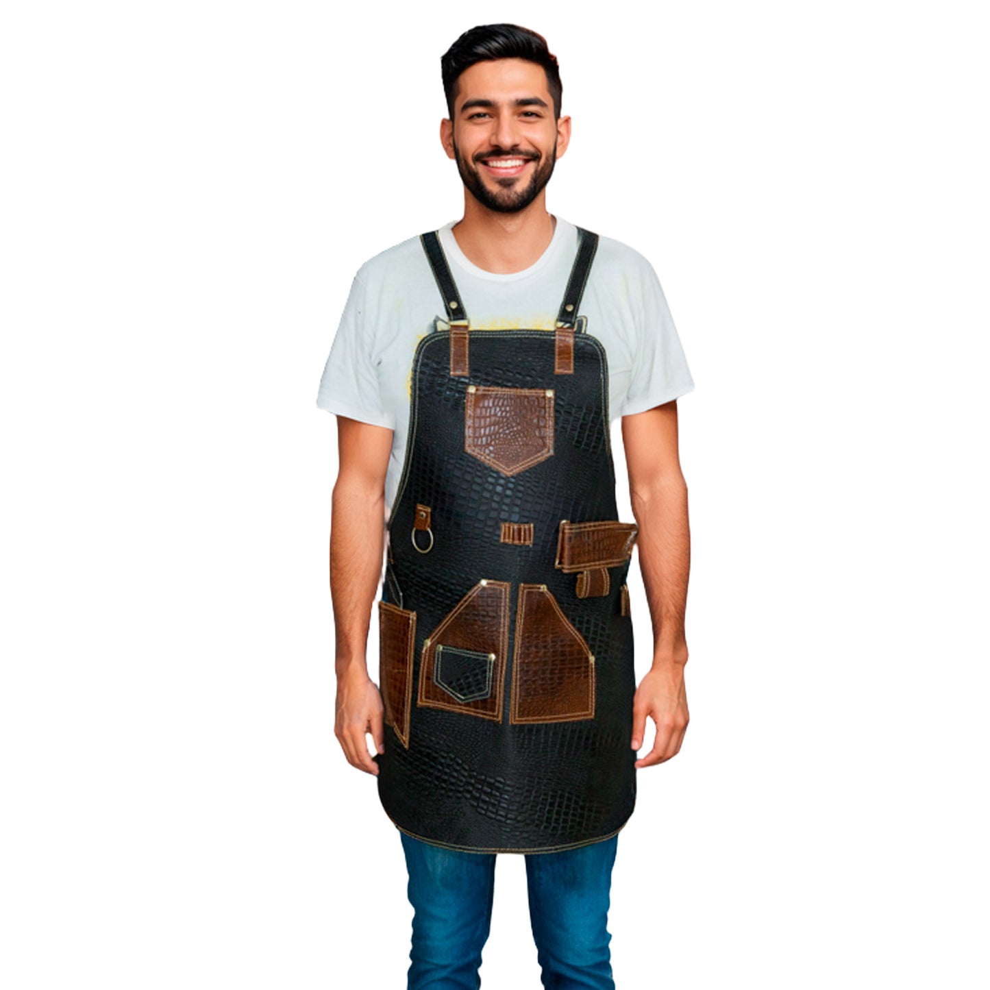 Delantal Mandil de Cuero Genuino Imitación Cocodrilo con Porta Cerveza y Varios Compartimentos