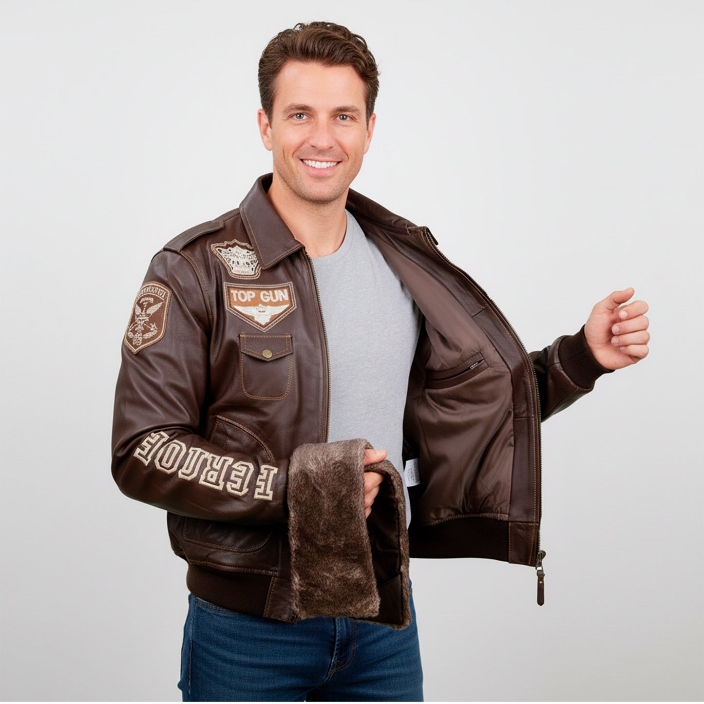 Chamarra de Piel de Borrego para Caballero Cuello Desmontable Piloto TopGun