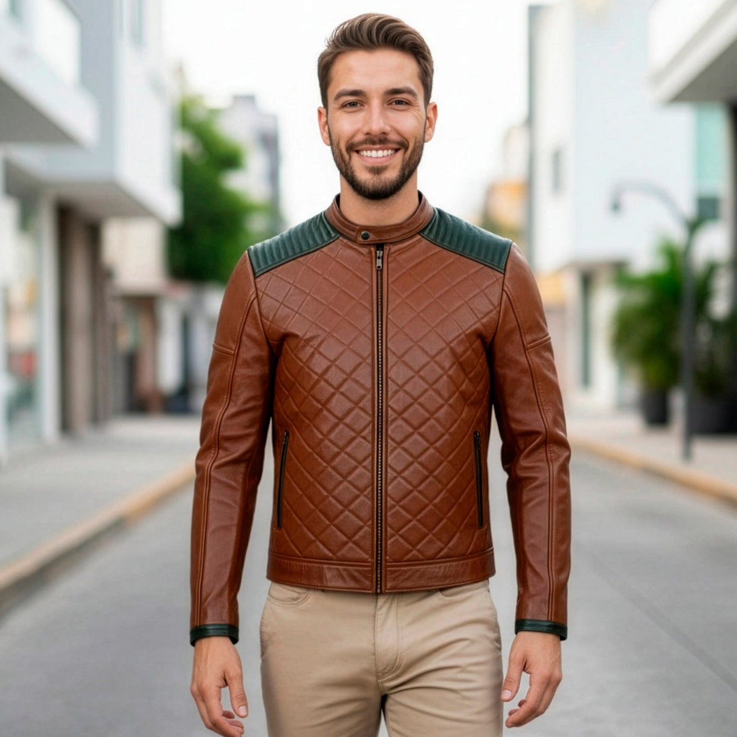 Chamarra de Piel de Borrego Capitonado Para Caballero Cuello Mao Diego