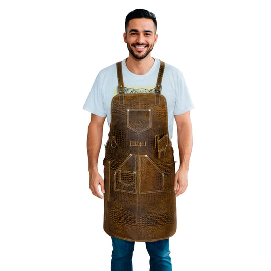 Delantal Mandil de Cuero Genuino Imitación Cocodrilo con Porta Cerveza y Varios Compartimentos