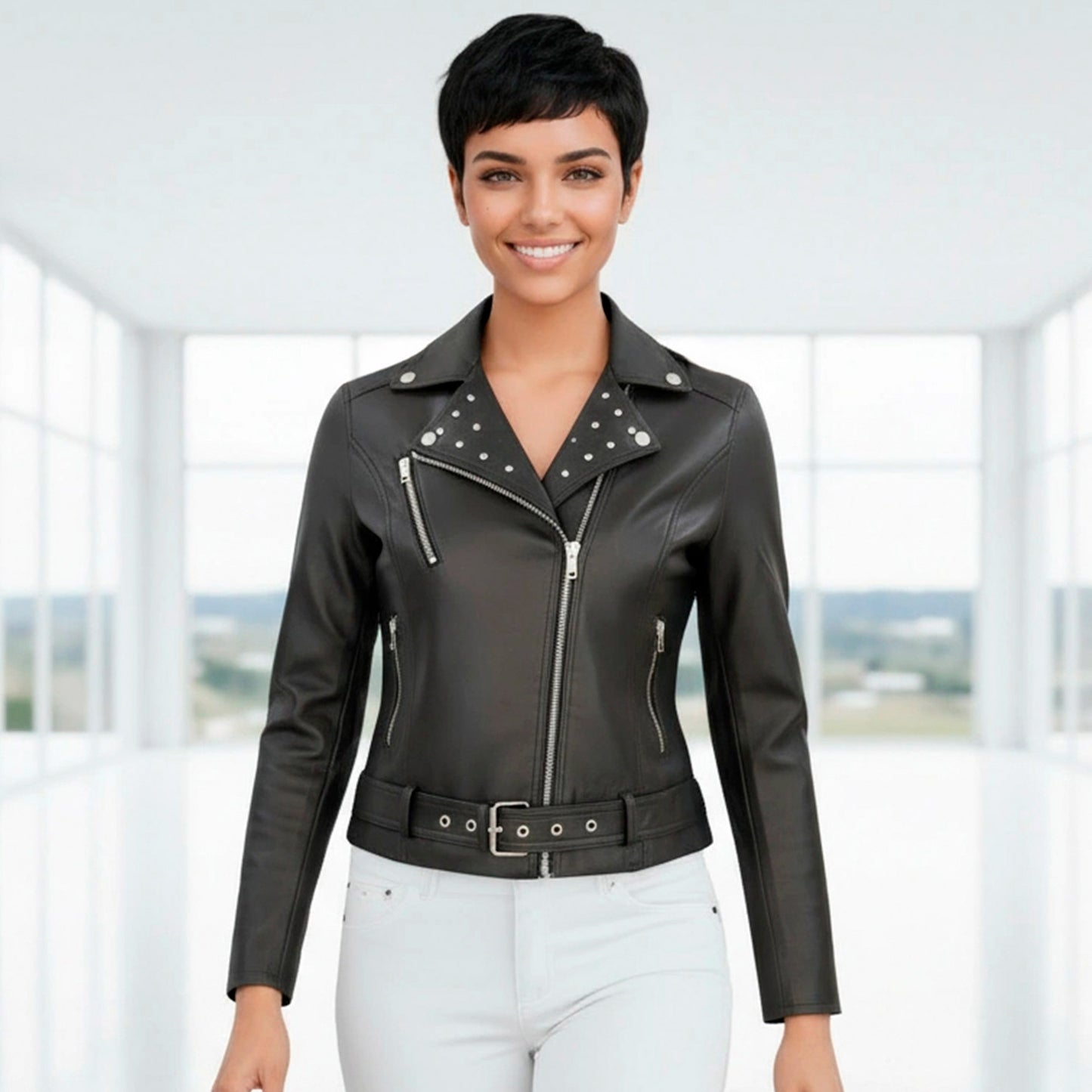 Chamarra de Piel de Borrego para Dama Corta Slim con Aplicaciones de Pedrería Natasha