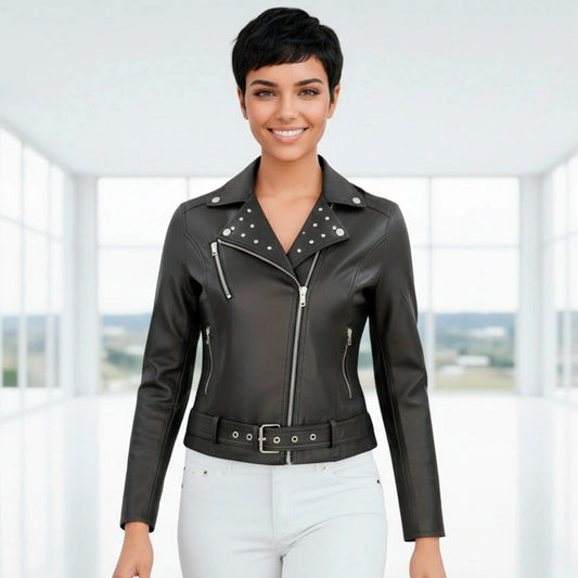 Chamarra de Piel de Borrego para Dama Corta Slim con Aplicaciones de Pedrería Natasha