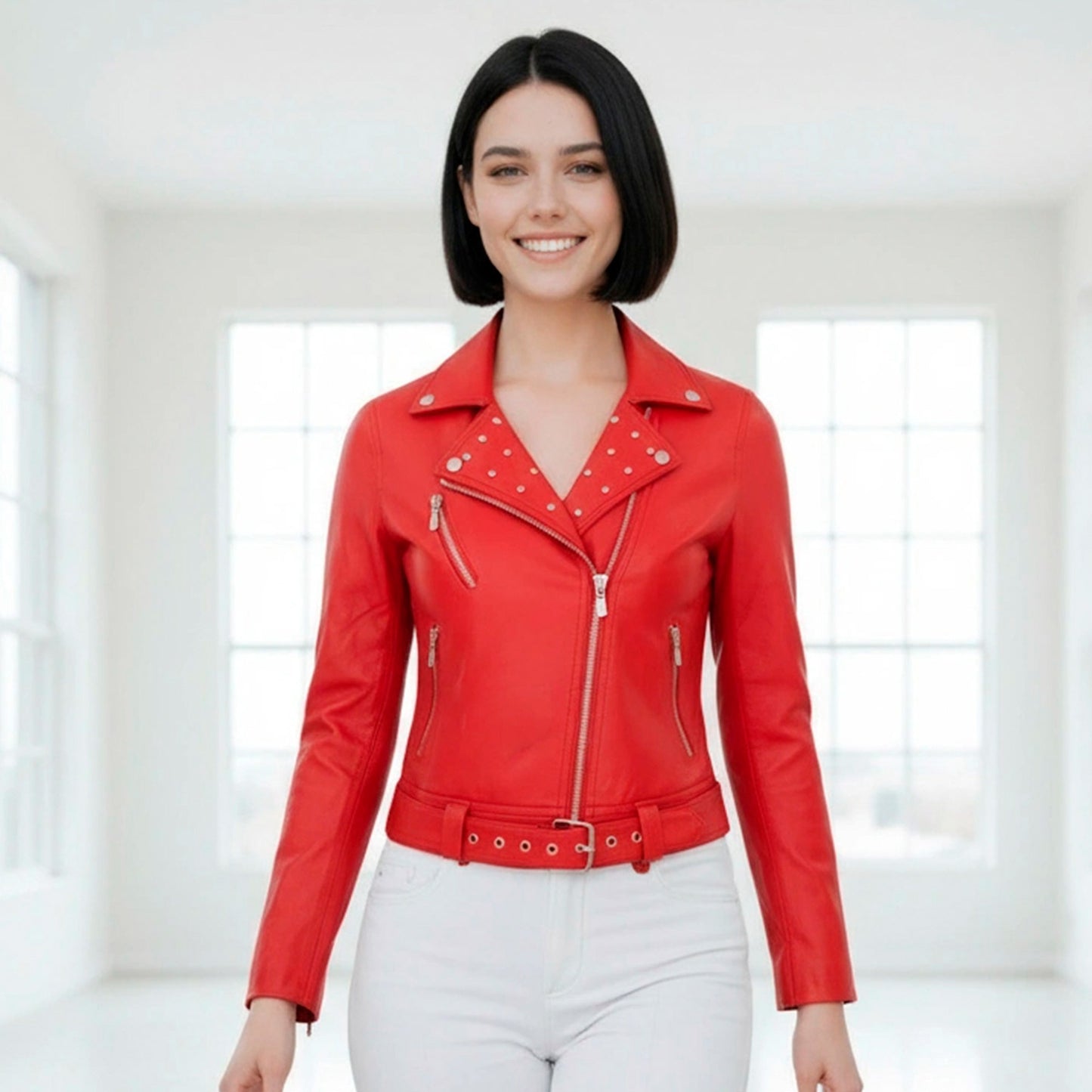 Chamarra de Piel de Borrego para Dama Corta Slim con Aplicaciones de Pedrería Natasha