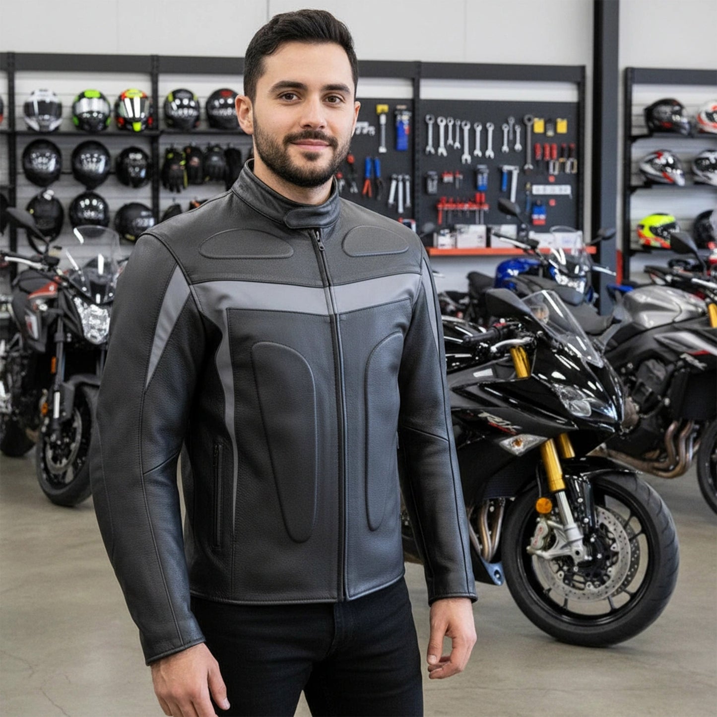 Chamarra de Piel de Res Gruesa para Caballero con Reflejantes y Protecciones Biker