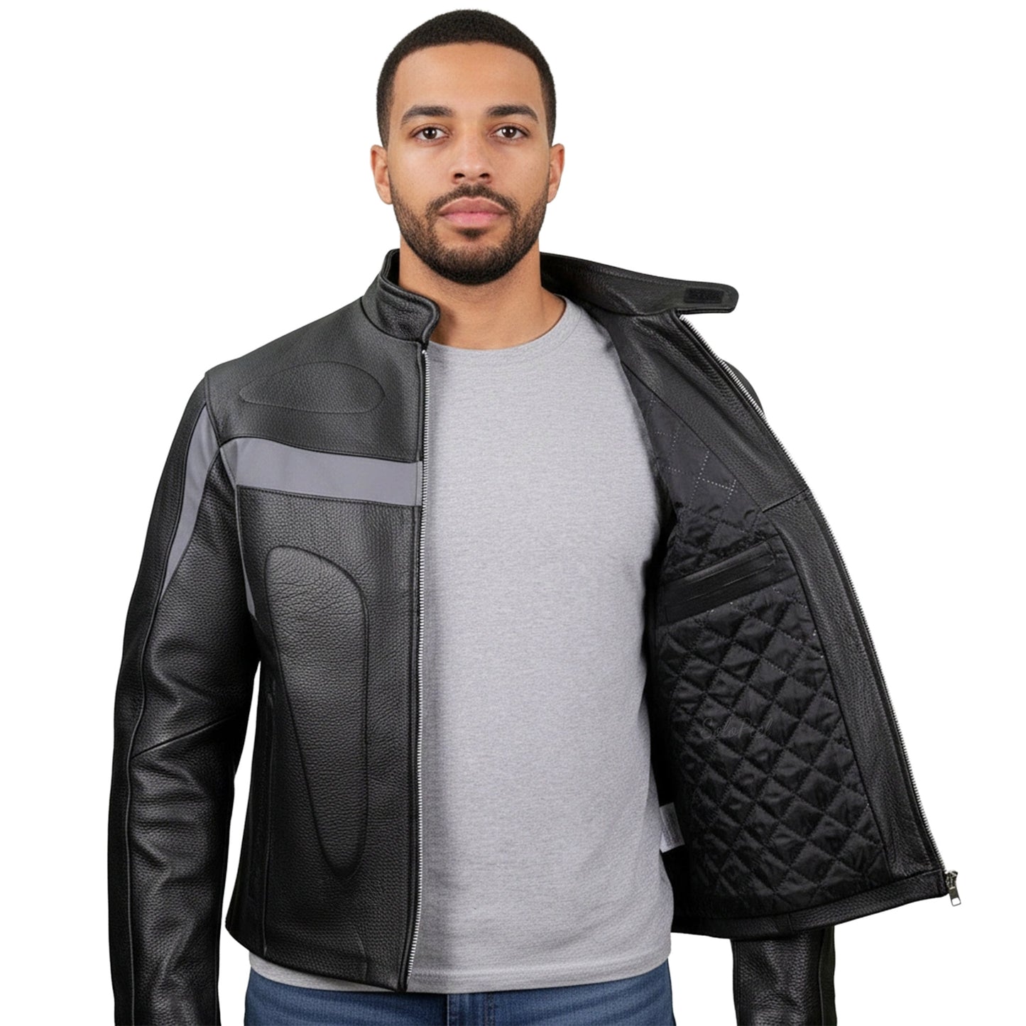 Chamarra de Piel de Res Gruesa para Caballero con Reflejantes y Protecciones Biker