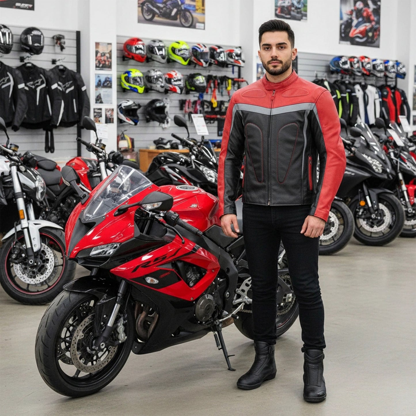 Chamarra de Piel de Res Gruesa para Caballero con Reflejantes y Protecciones Biker