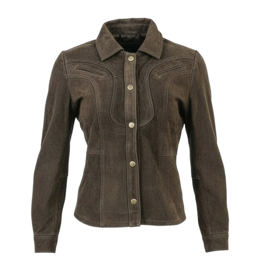 Chamarra de Piel Nobuck Para Dama Vaquera con Pedrería Modelo Valeria