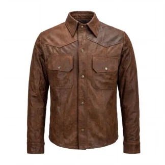 Camisola de piel para caballero acabado crackelado café frente