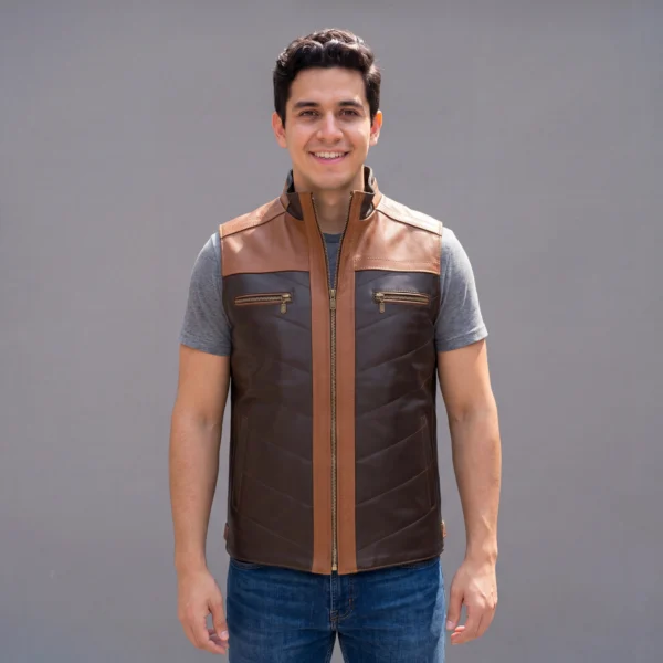 Chaleco de piel para caballero modelo Johny cafe frente