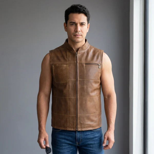 Chaleco de piel para caballero modelo Montana Crack frente