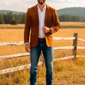 Saco Vaquero de Piel de Borrego Acabado Nobuck con Barbas Estilo Tamaulipeco para Caballero Christian Corte Slim Fit | Solopiel Cuero Genuino