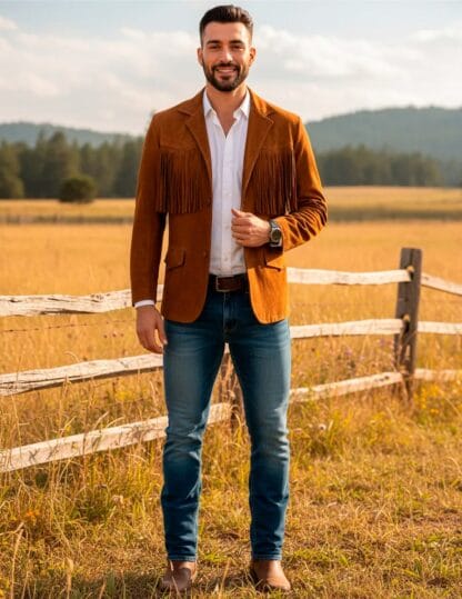 Saco Vaquero de Piel de Borrego Acabado Nobuck con Barbas Estilo Tamaulipeco para Caballero Christian Corte Slim Fit