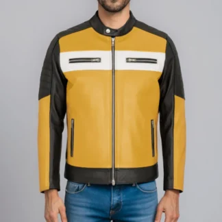 Chamarra de Piel de Borrego Para Caballero Combinada Miel con Negro Amarillo Drako Corte Regular — Solopiel.net