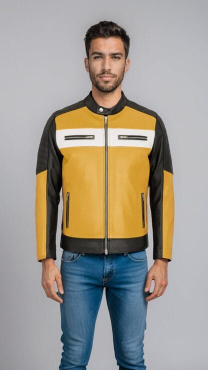 Chamarra de Piel de Borrego Para Caballero Combinada Miel con Negro Amarillo Drako Corte Regular