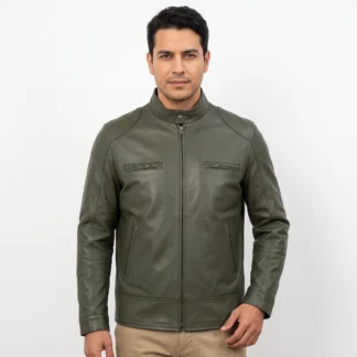 Chamarra de Piel de Borrego para Caballero Cuello Mao Verde Rojo Edgar Corte Slim Fit