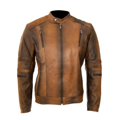 Chamarra de Piel de Borrego Veteada para Caballero Cuello Mao Osiris Corte Slim Fit