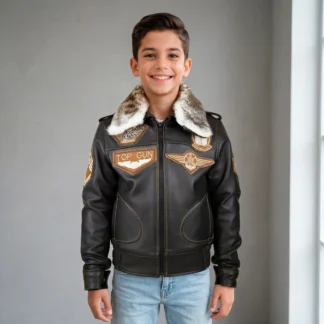 Chamarra de piel para niño modelo topgun negro frente