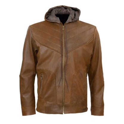 Chamarra de Piel Para Caballero Con Capucha Desmontable Crackelada Tauro Corte Slim Fit