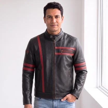 Chamarra de Piel para Caballero Modelo Cougar Combinada Corte Slim Fit