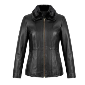 Chamarra de piel con cuello desmontable para dama, modelo Francia, vista frontal
