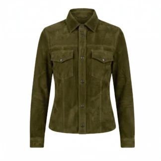 Camisola de piel de borrego nobuck color verde para dama, modelo Gala, vista frontal