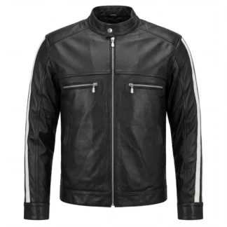 Chamarra de piel de borrego negro con blanco para caballero, modelo Lenny, vista frontal