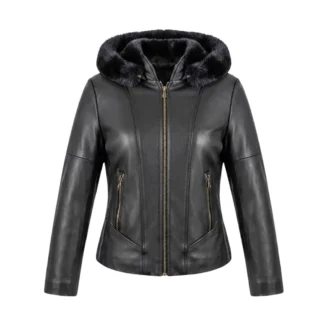 Chamarra de piel de borrego color negro con cuello desmontable para dama, modelo Lizette, vista frontal