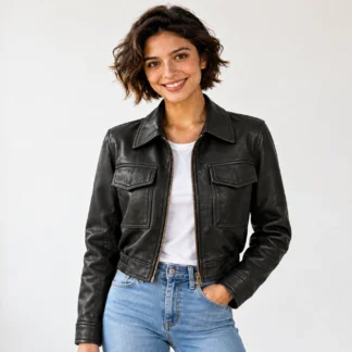 Chamarra de piel de borrego bomber para dama, modelo Melanie, vista frontal