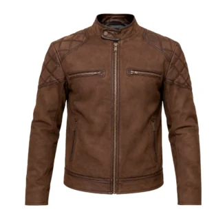 Chamarra de piel nobuck color chocolate para caballero, modelo Oliver, vista frontal